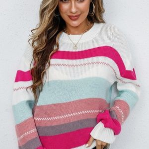 Striped Ribbed Trim Round Neck Tunic Sweater